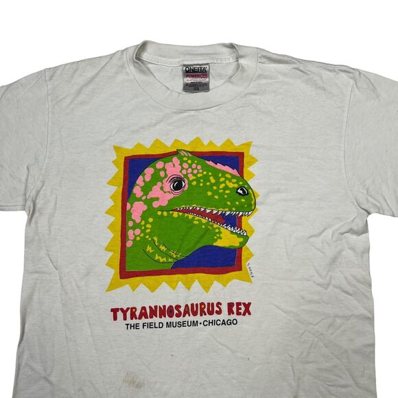 Vintage 90s Tyrannosaurus Rex Cartoon Dinosaur Tee T-Shirt White Youth L 14/16 - Picture 3 of 5